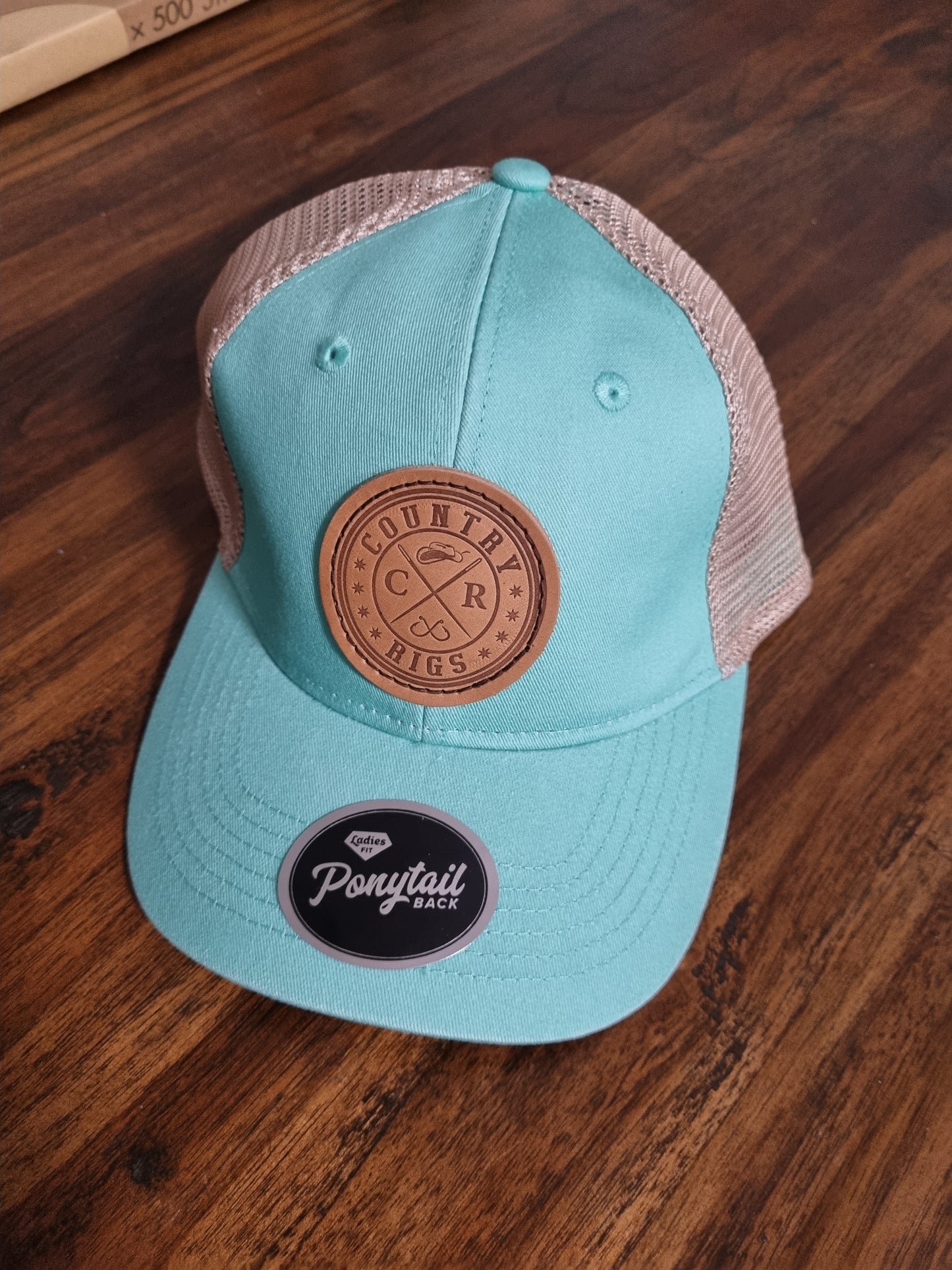 Hooked Pony Tail Cap Aqua Leather Patch